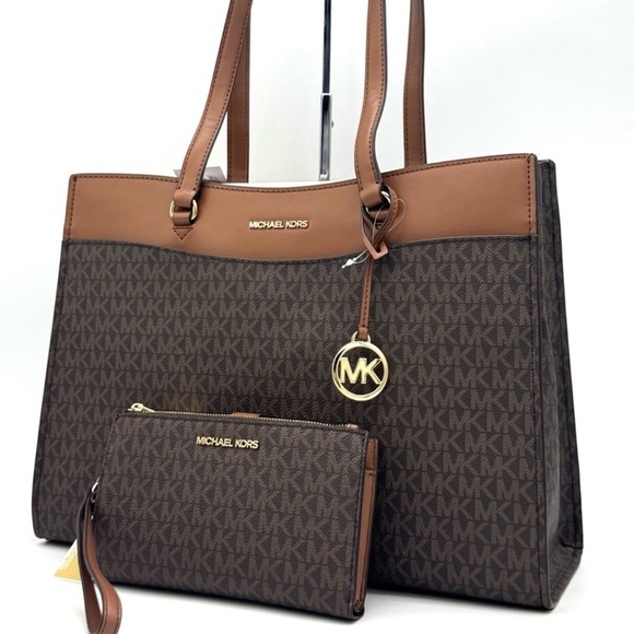 Michael Kors Jet Set Large Signature Logo Tote Bag & Double Zip Wallet Brown Set - Picture 1 of 15